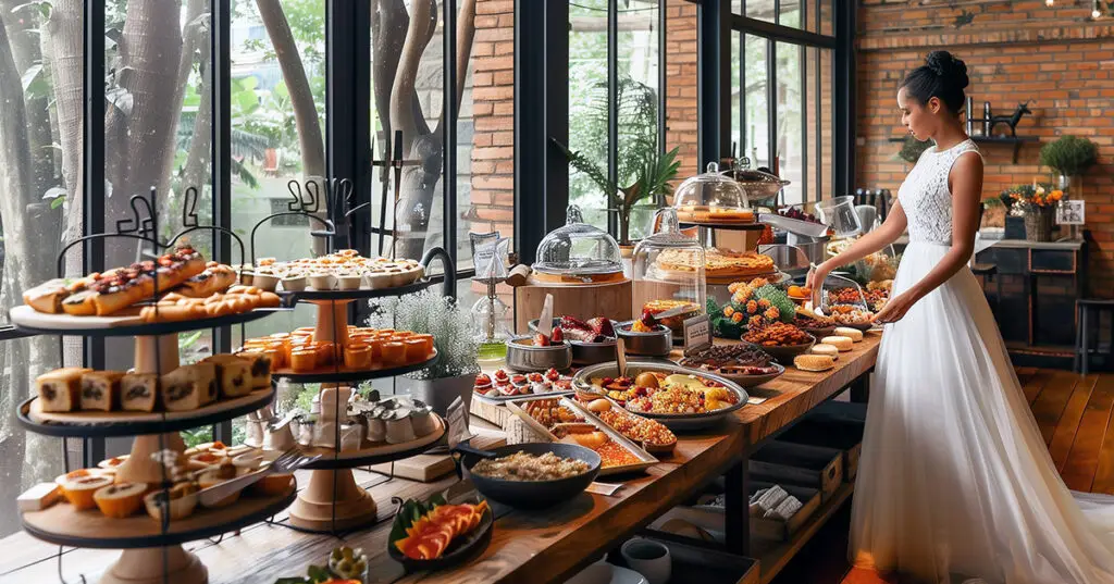 Bride at Wedding Catering Hors d'oeuvres Table