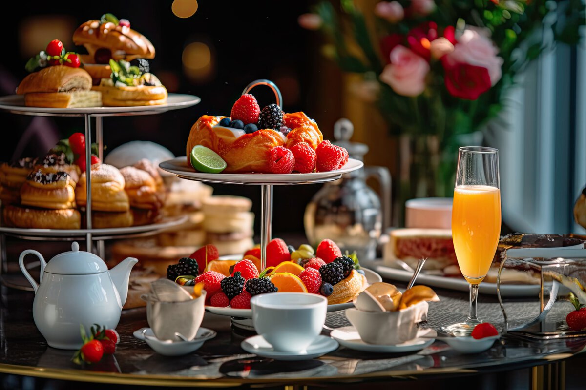 Elegant dessert table with assorted cakes, pastries, and fresh berries for a celebration.